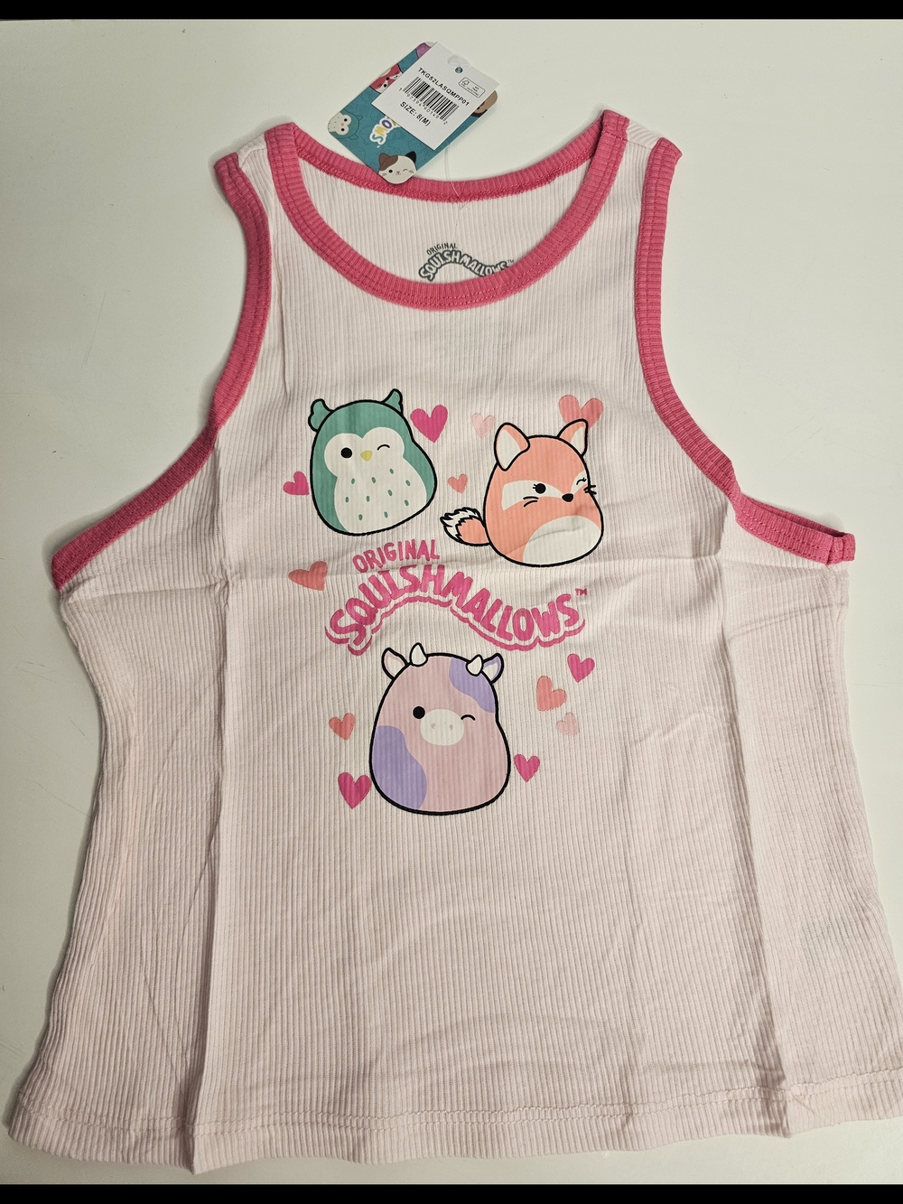 Squishmallows Pink Ribbed Tank Top with Cute Character Trio